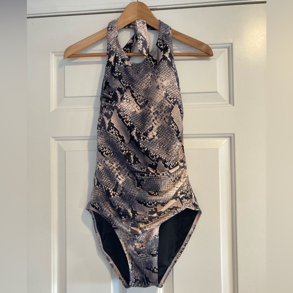 Calvin Klein One- Piece Snake Print High Neck Halter Swimsuit 10